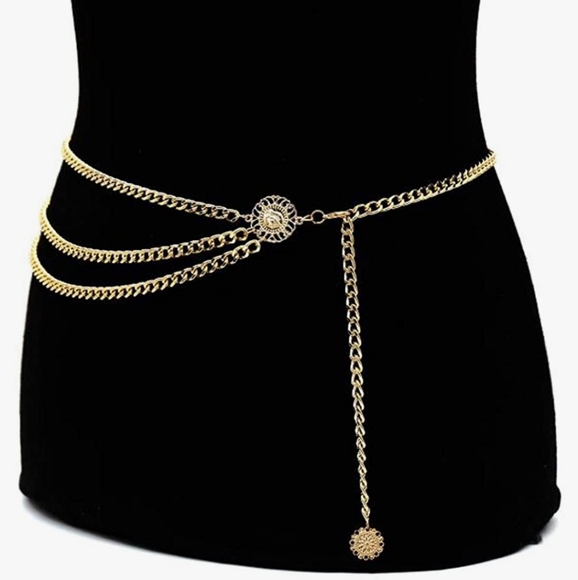 Boho multi layered metal Charm Gold coin chain link hip waist statement belt - Picture 4 of 16